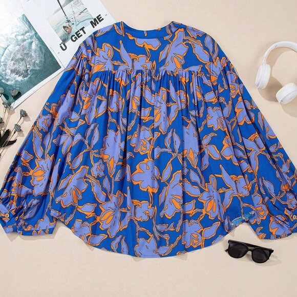 Multicolor Casual Women's Floral Print Batwing Sleeve Buttoned Loose Fit Shirt - Picture 7 of 10